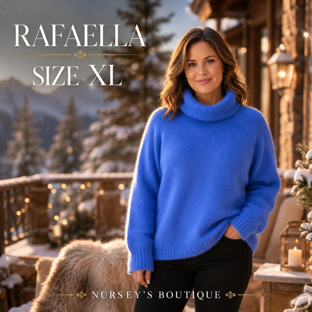 Vintage Rafaella XL Blue Angora Lambswool Turtleneck Sweater Fuzzy
